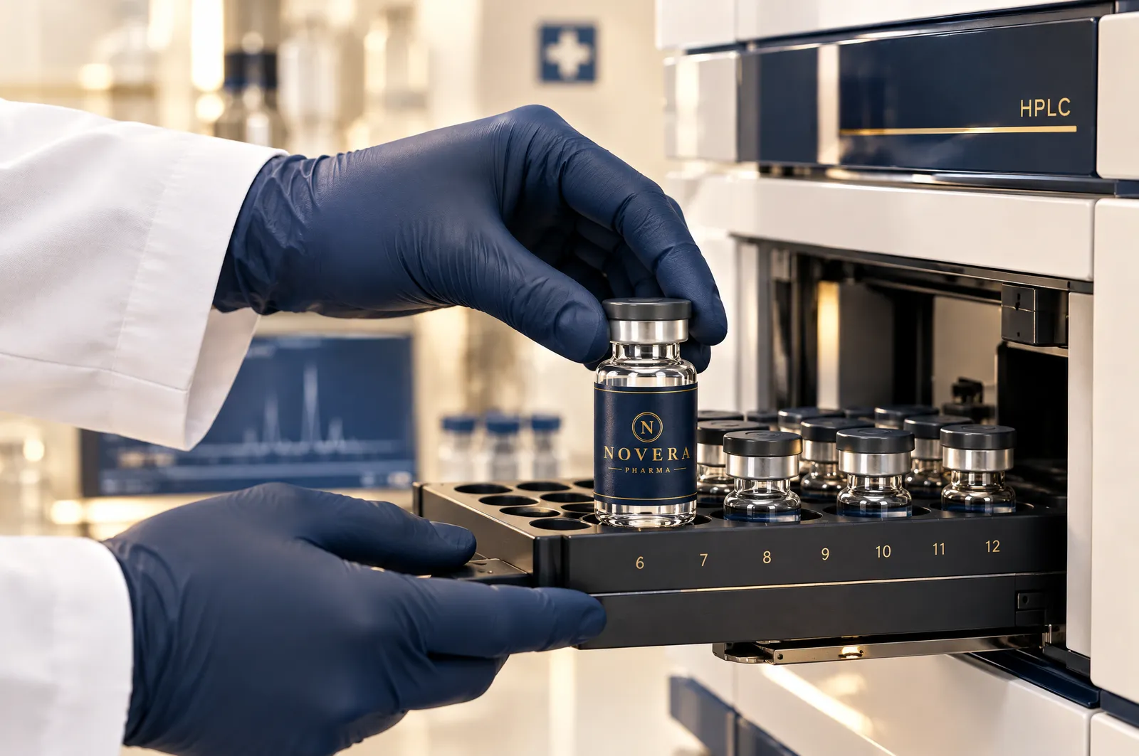 Mains gantées déposant un flacon Novera Pharma dans un passeur d’échantillons HPLC
