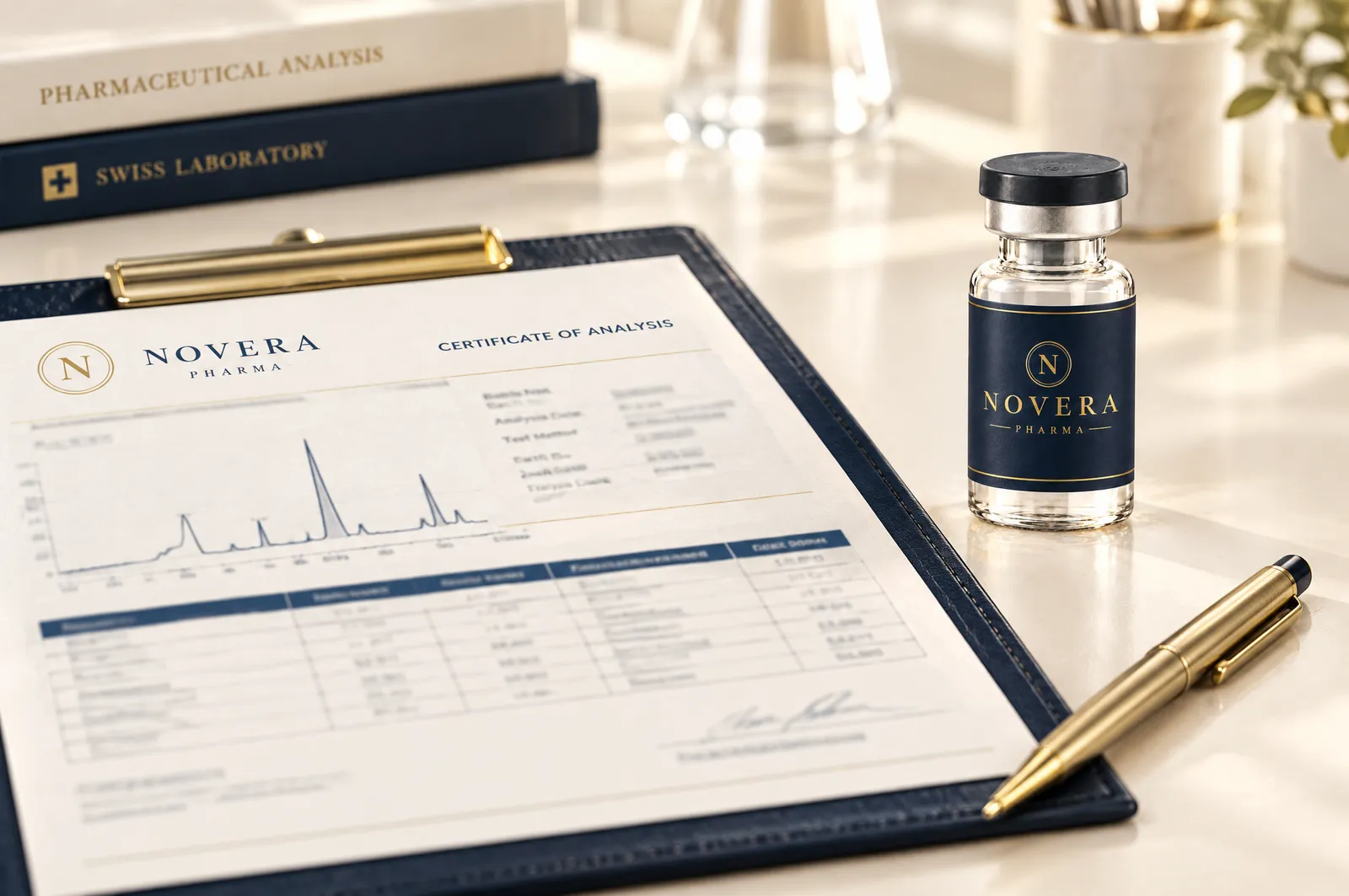 Rapport d’analyse sur une planchette, à côté d’un flacon Novera Pharma